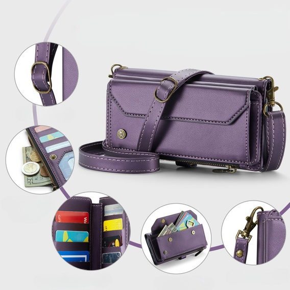 Чехол CASEME для Samsung Galaxy S24 FE, RFID Leather Wallet, с плечевым ремнем, фиолетовый