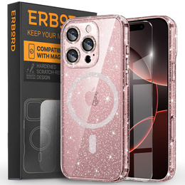 Чохол для iPhone 16 Pro Max, ERBORD Glitter MagSafe, рожевий + Скло для екрану