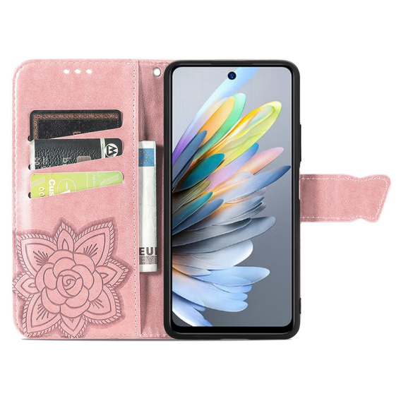 Откидной чехол для Motorola Moto G15 / Motorola Moto G15 Power, Butterfly, розовый rose gold
