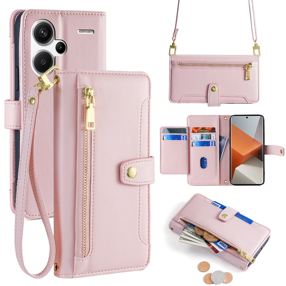Откидной чехол для Xiaomi Redmi Note 13 Pro+, Wallet Zipper Pocket, розовый