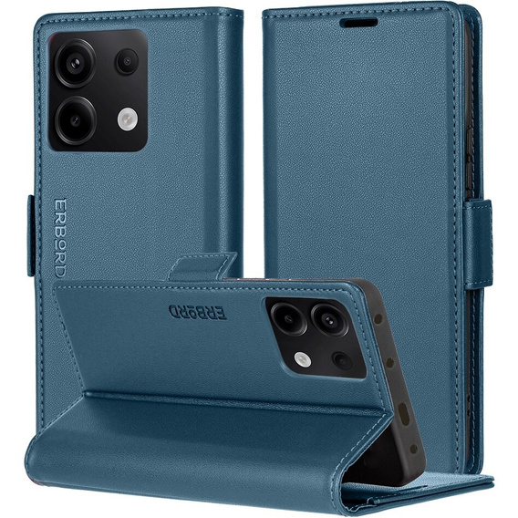 Чехол для Xiaomi Redmi Note 13 5G, ERBORD Glossy Litchi, кошелек с клапаном, синий
