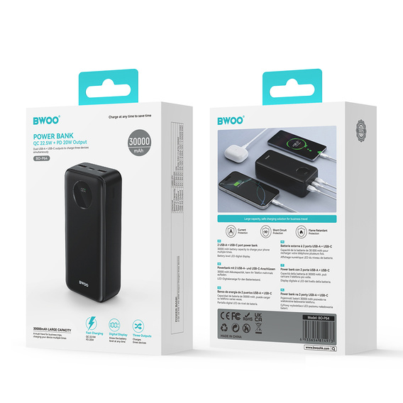 Power bank BWOO 30000 мАг 22,5 Вт з LCD-дисплеєм – швидка зарядка в будь-якій ситуації