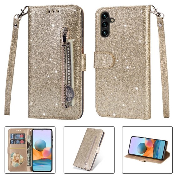 Чохол-книжка для Samsung Galaxy A35 5G, Wallet Zipper Pocket Glittery, золотий