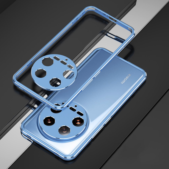 Чехол для Xiaomi 14 Ultra, Armor Bumper, с крышкой объектива, синий / серебряный