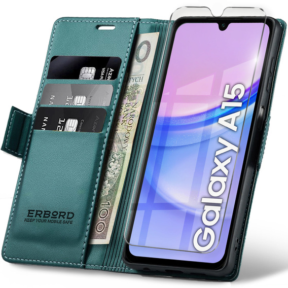 Чохол для Samsung Galaxy A15 4G / 5G, ERBORD Glossy Litchi, фліп-гаманець + загартоване скло 9H