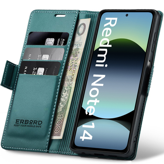 Чехол для Xiaomi Redmi Note 14 5G, ERBORD Glossy Litchi, кошелек с клапаном, зелёный