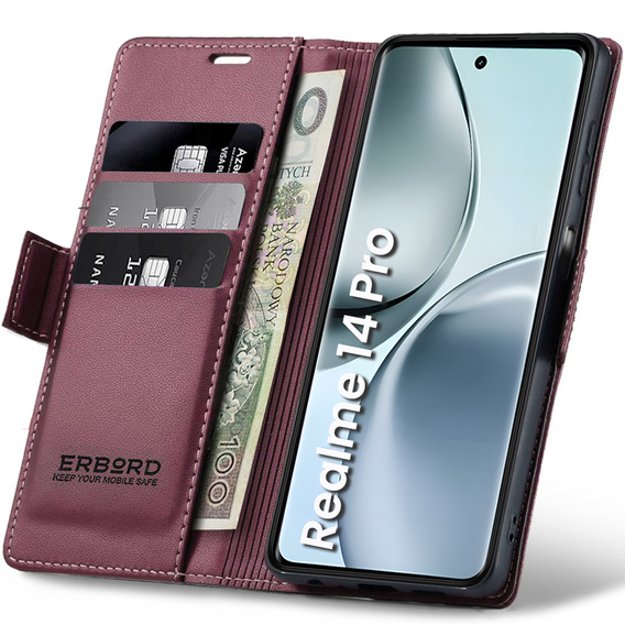 Чехол для Realme 14 Pro 5G, ERBORD Glossy Litchi, кошелек с клапаном, красный