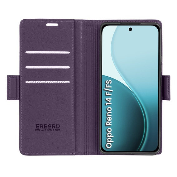 Чехол для Oppo Reno 14 F / 14 FS, ERBORD Glossy Litchi, кошелек с клапаном, фиолетовый