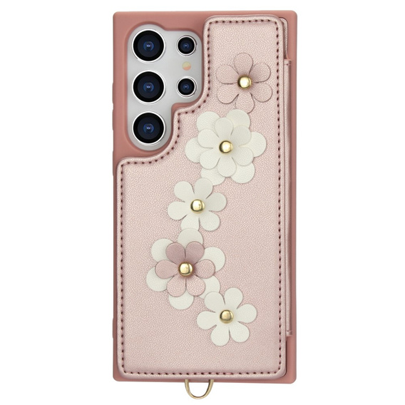 Чохол для Samsung Galaxy S24 Ultra, Leather Flower Card Slot, рожевий