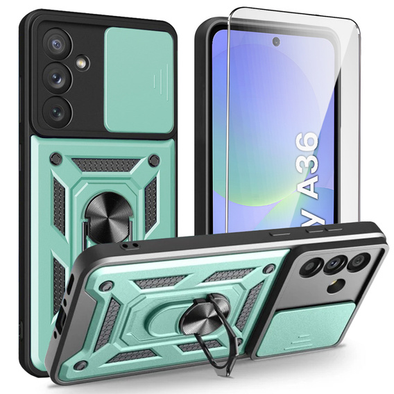 Бронированный чехол для Samsung Galaxy A36, CamShield Slide, зелёный + закаленное стекло 9H