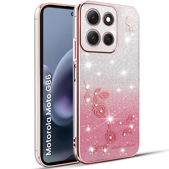 Чохол для Motorola Moto G86 5G, Glitter Flower, рожевий rose gold