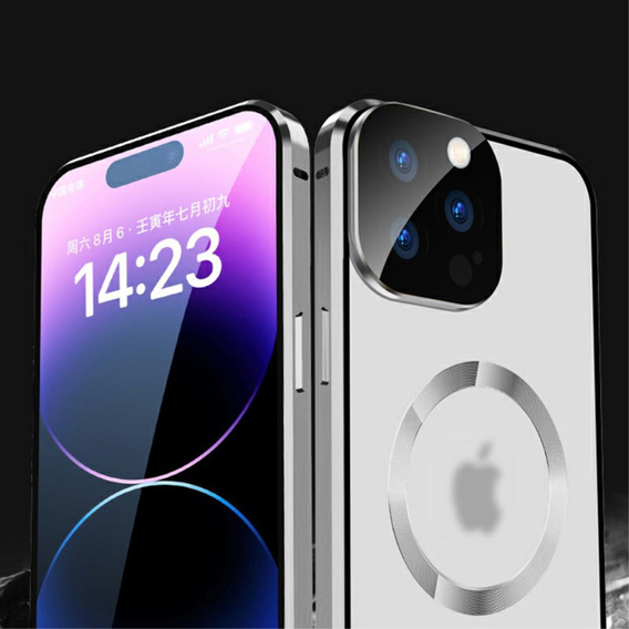Магнитный чехол с двойным стеклом MagSafe для iPhone 15 Pro Max, серебряный